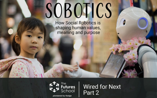 little girl shakes hands with a robot showing human-robot relations