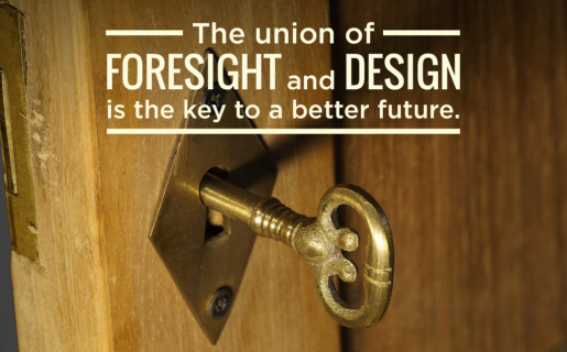 an old-fashioned key is inside the door stating that a union between foresight and design is needed