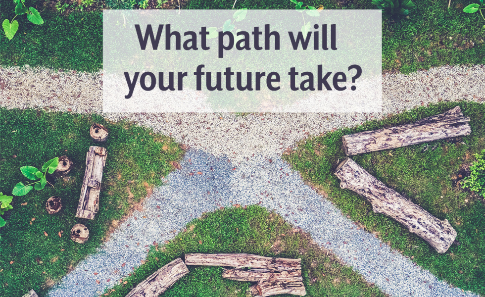 pathway at a crossroads with text "what path will your future take?"