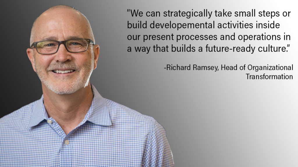 We can strategically take small steps or build developmental activities inside our present processes and operations in a way that builds a future-ready culture. Richard Ramsey. 